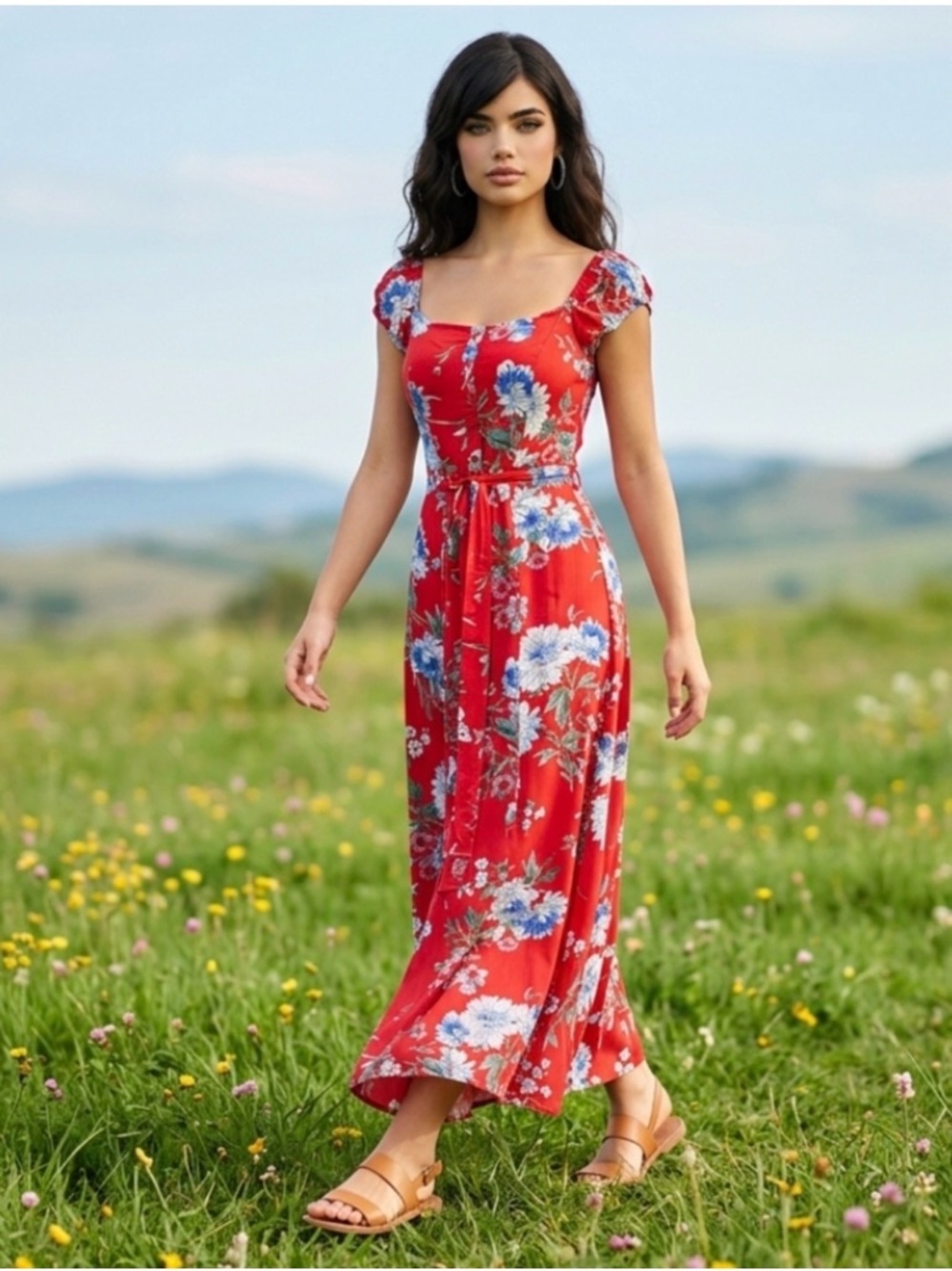 Band of Gypsies Women’s Maxi Dress, Red Floral Blue Flutter Sleeves Summer